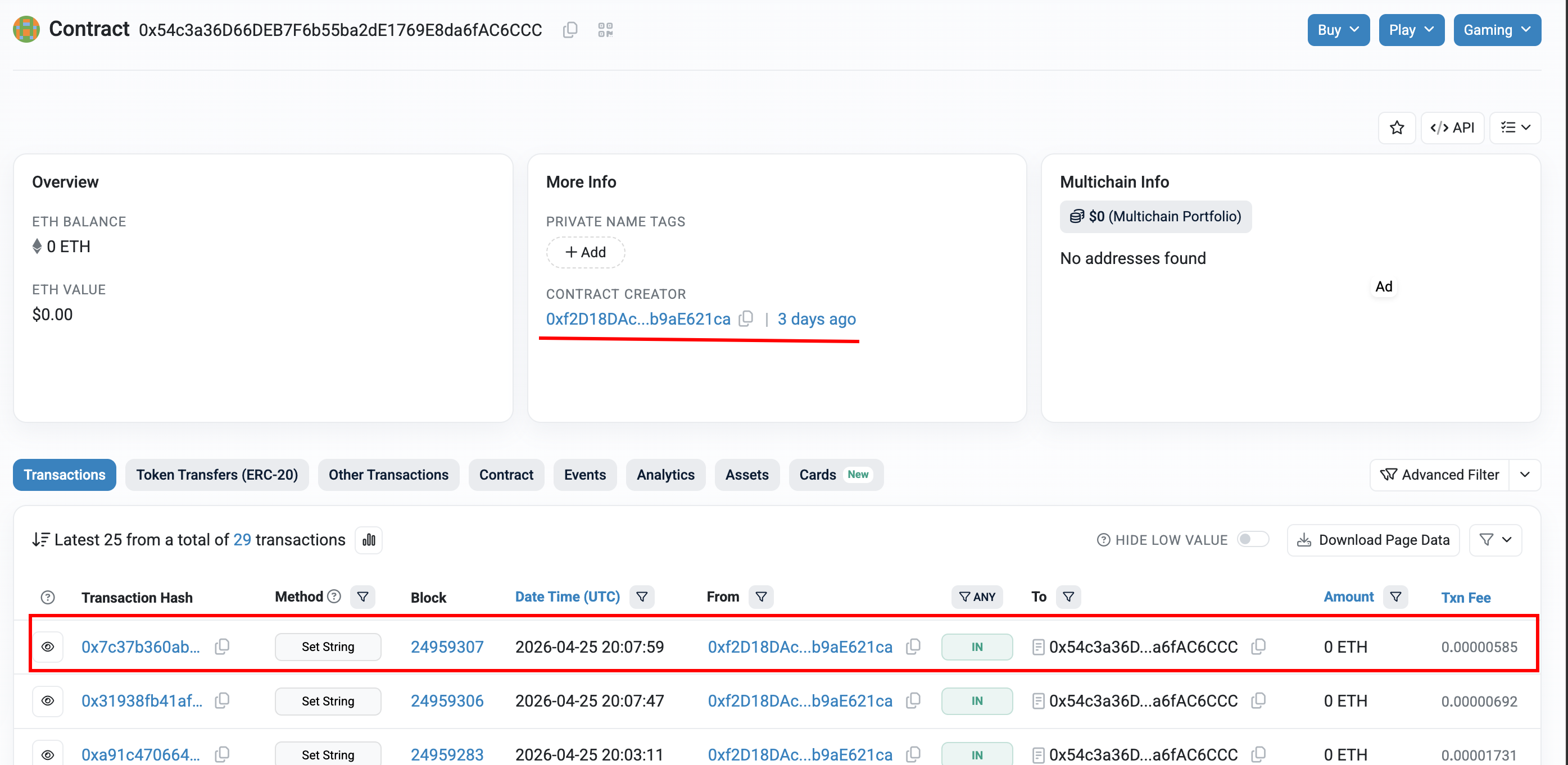 Etherscan showing contract transactions